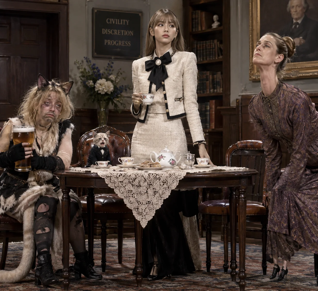 Yabu stands at the center of a stuffy stage meeting room as a crying cat, a hapless catgirl, and a long-torsoed woman join an absurd comedy sketch.