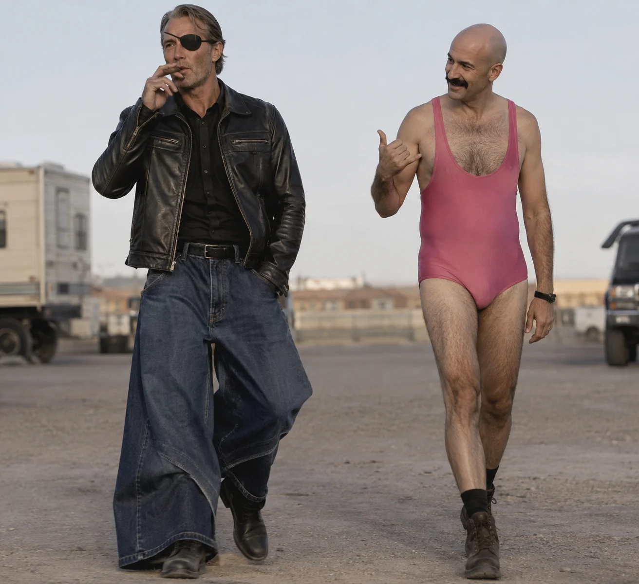 Terning, dressed in a leather jacket and oversized jeans, smokes a cigar as bald Sumjaz gives him a shaka sign in a simple setting.