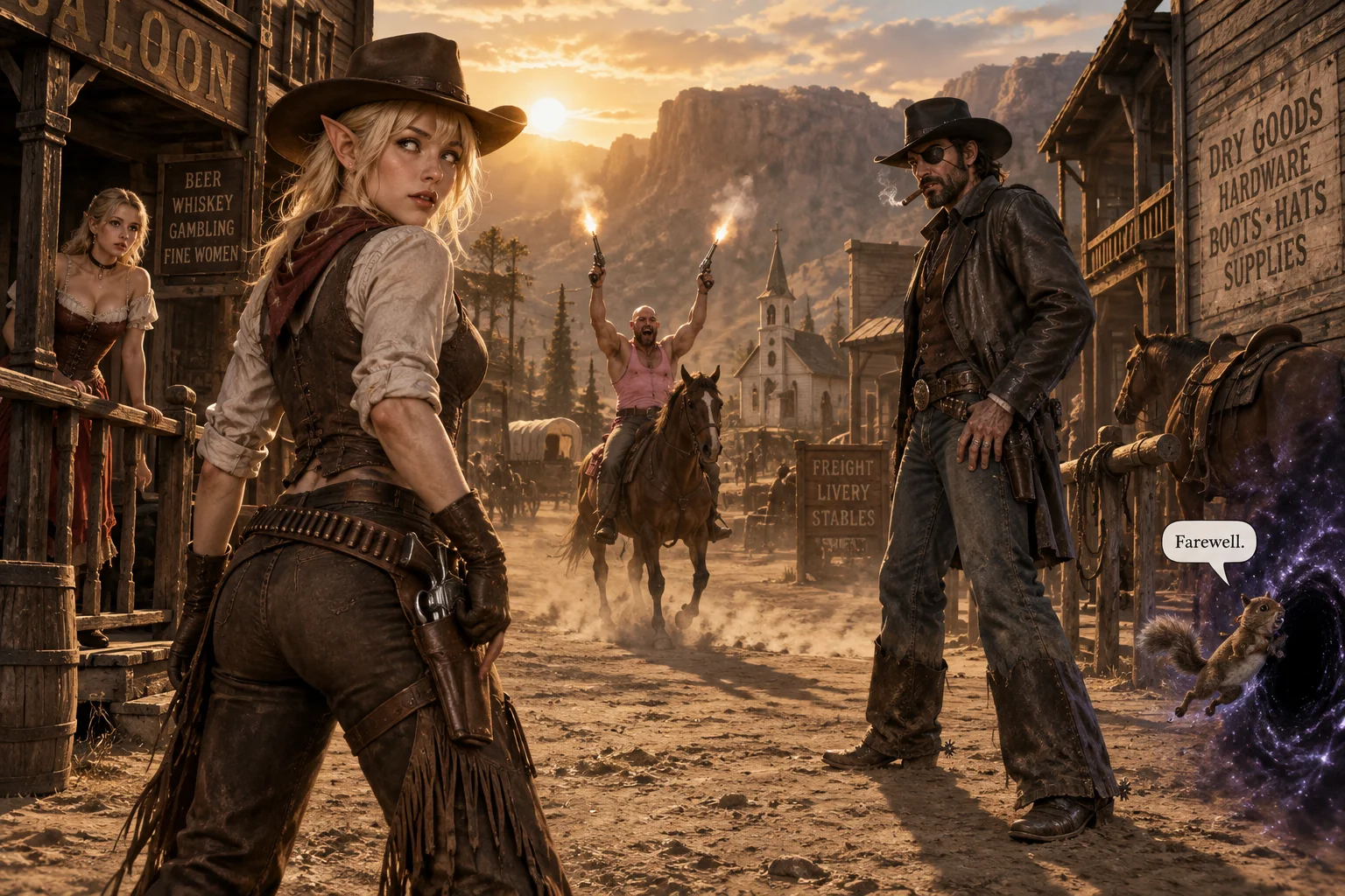 A blonde elf-eared cowboy faces an eyepatched duelist in a dusty Western city as a pink-clad rider fires from horseback and a squirrel vanishes into a cosmic void.