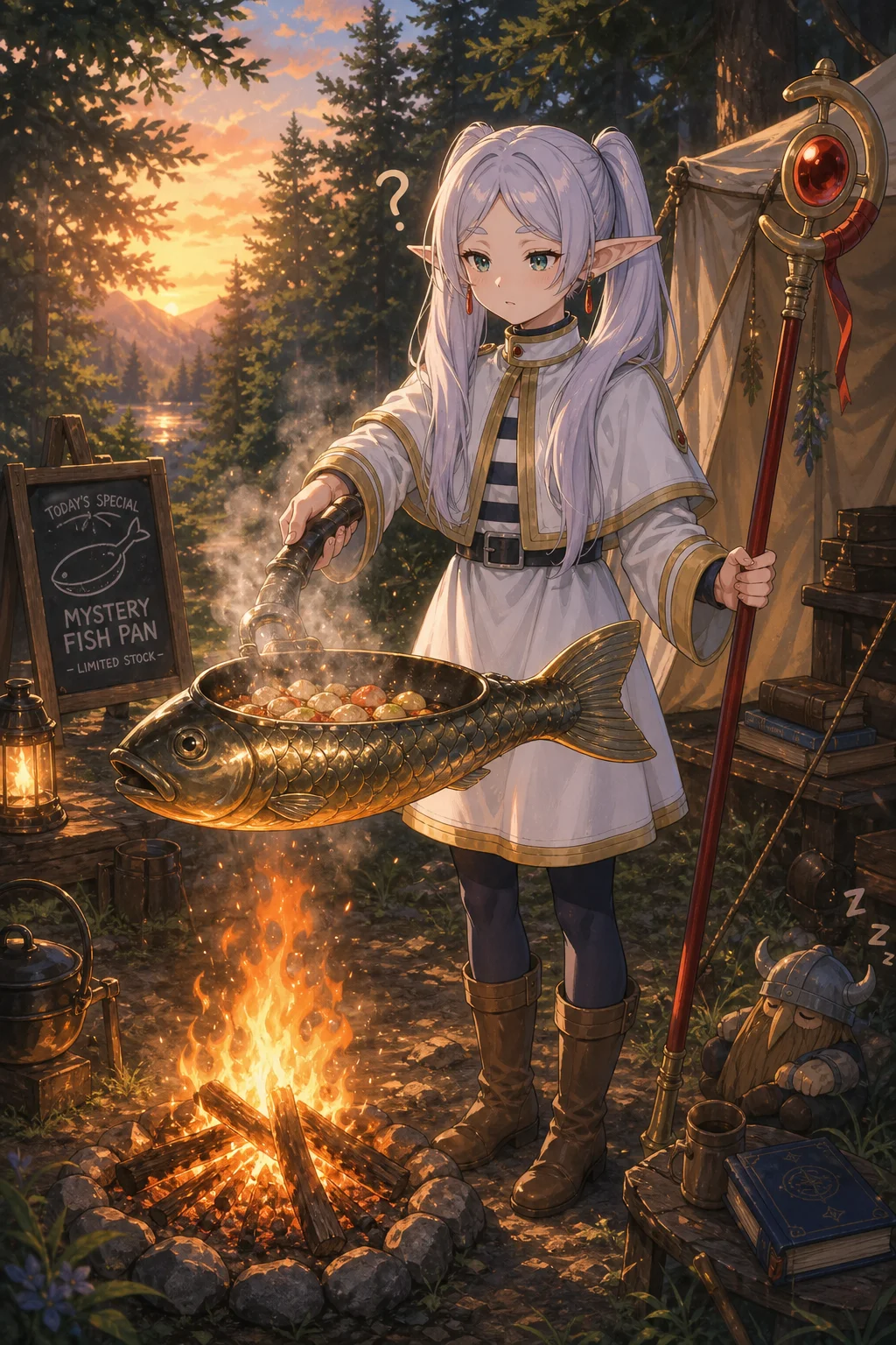 A serene silver-haired elven mage cooks over a small campfire with a giant fish-shaped enchanted frying pan at a cozy woodland campsite during warm sunset.