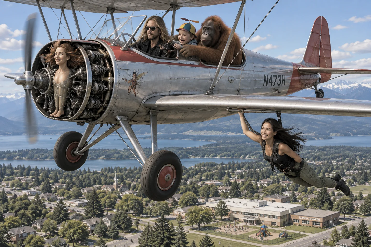 A propeller plane flies safely over a town toward a preschool as its passengers playfully jostle for the controls.