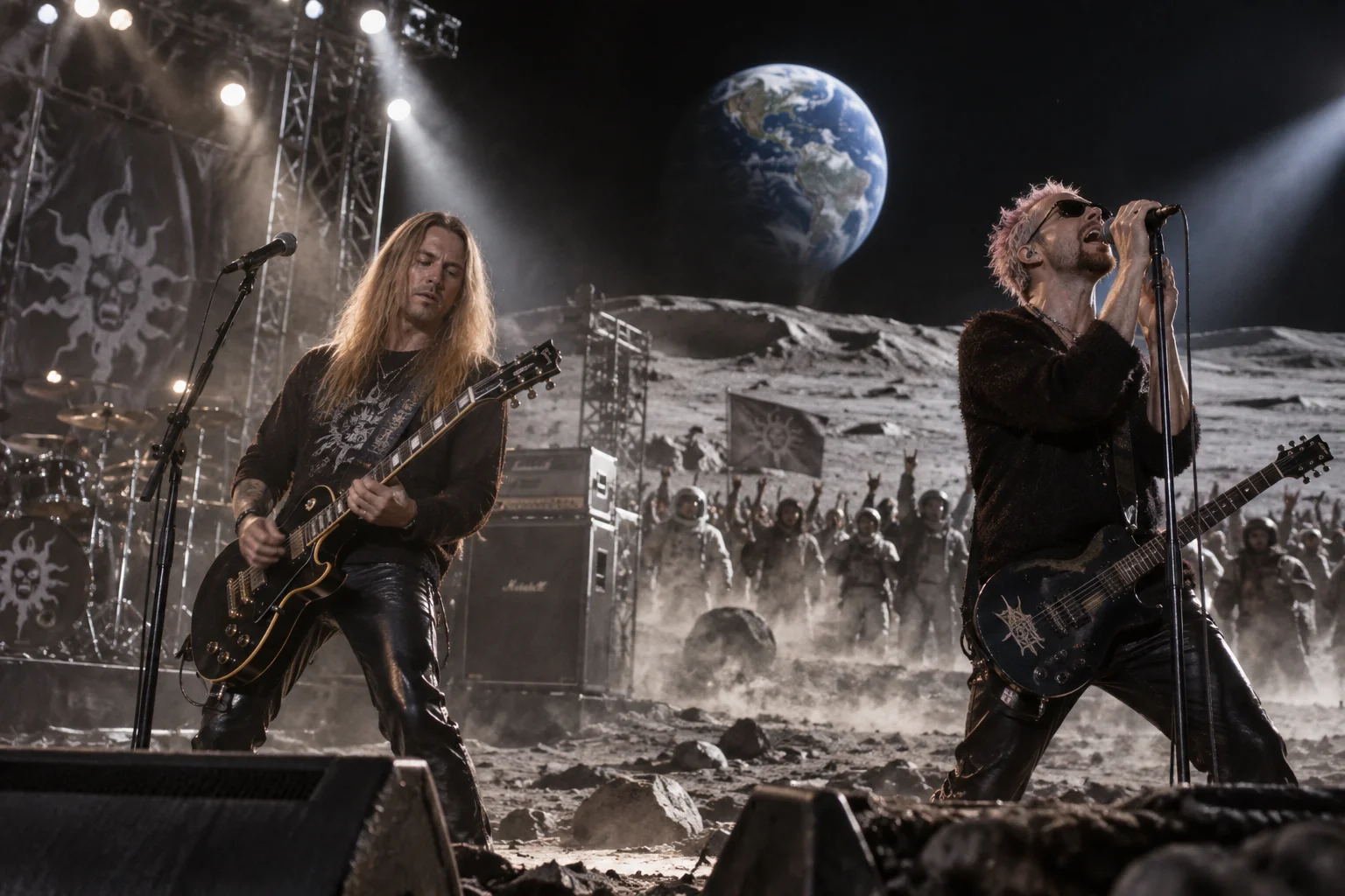 Jerry Cantrell and Layne Staley perform a high-energy rock concert on a lunar stage beneath the distant glow of Earth.