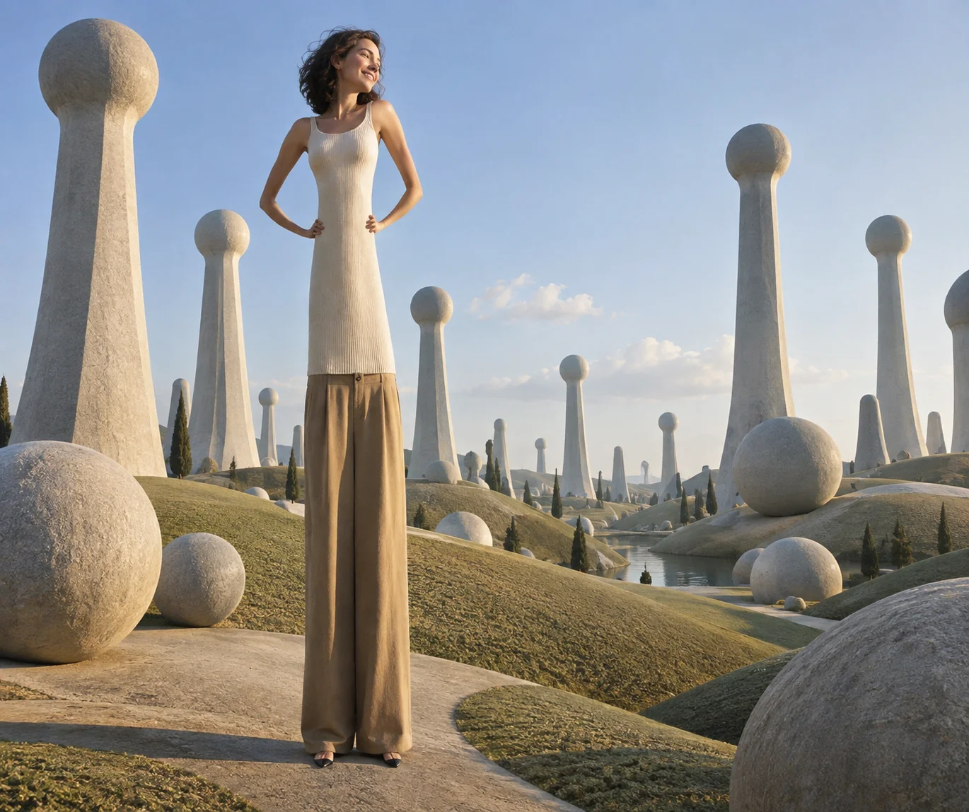 A woman with a very long torso and tiny feet stands amid towering rounded abstract monuments in a surreal, funny landscape.
