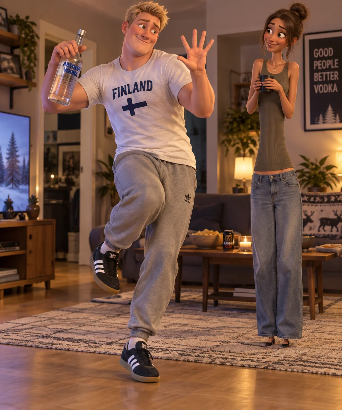A tall man dances the Griddy while holding vodka and making a 6–7 gesture as a long-torsoed woman watches nearby.