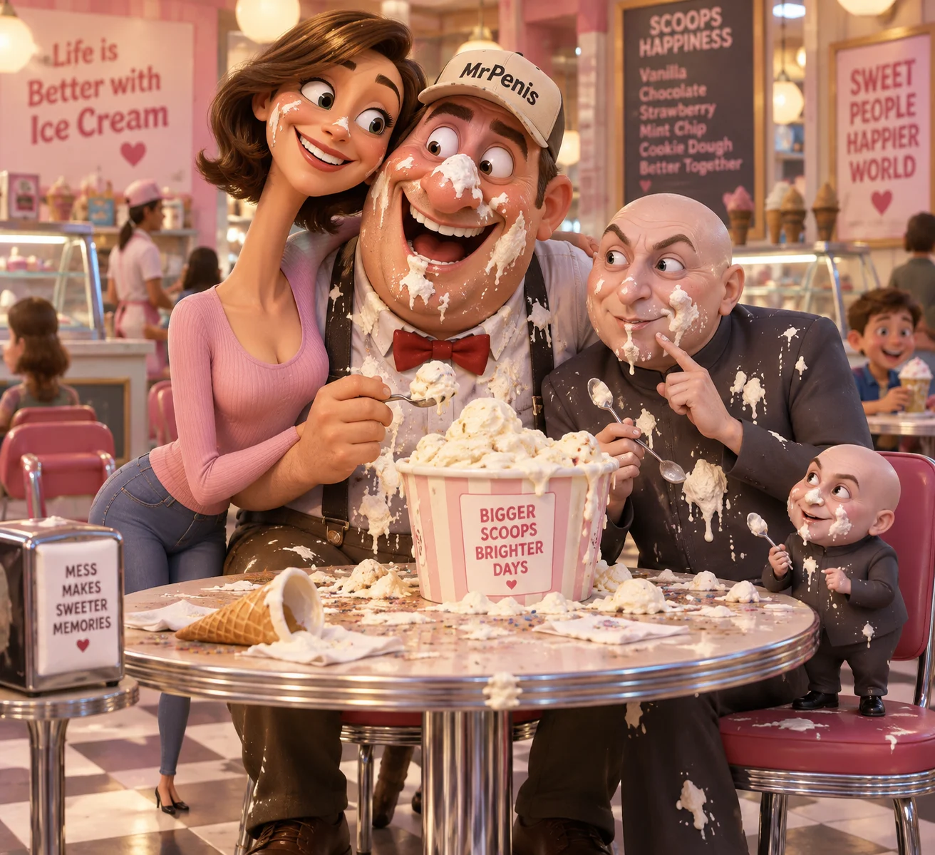 A woman hugs a goofy gentleman while a suited man and his tiny double share messy white ice cream in a cheerful parlor.