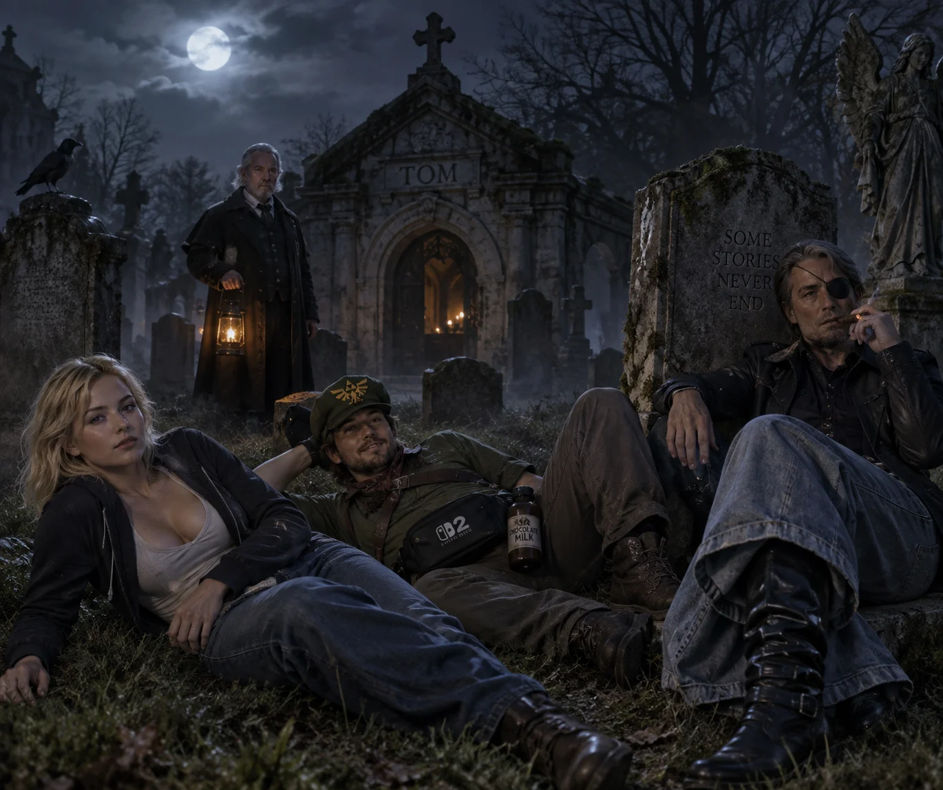 Three people lie among moonlit graveyard tombstones as Tom, the crypt keeper, stands watch beside a stone crypt.
