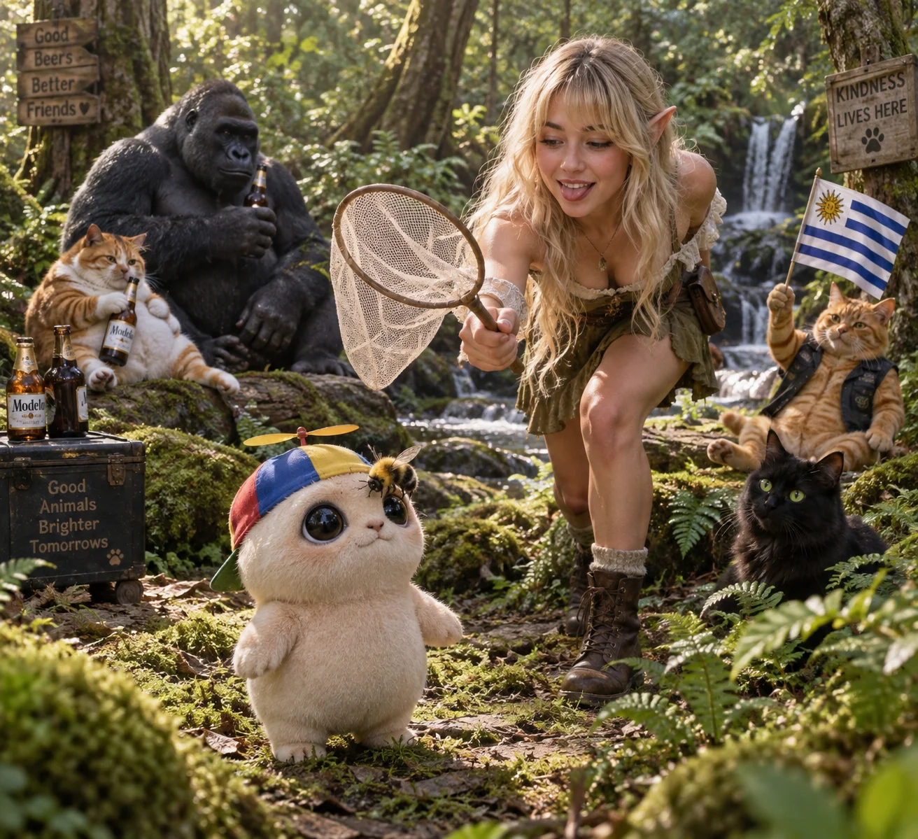 A blonde elf-eared woman tries to catch a bumblebee perched on a propeller-hat peepo's forehead in a forest, while animals watch nearby.