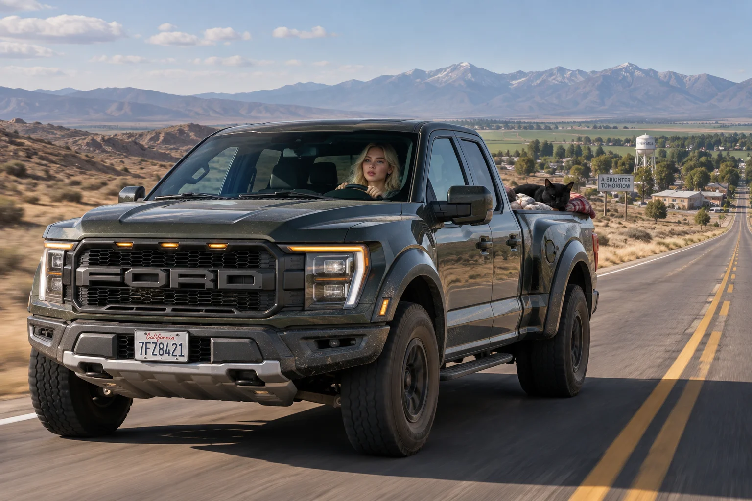 A blonde elf-eared woman drives a huge pickup across a sweeping American highway while a green-eyed black cat sleeps in the truck bed.